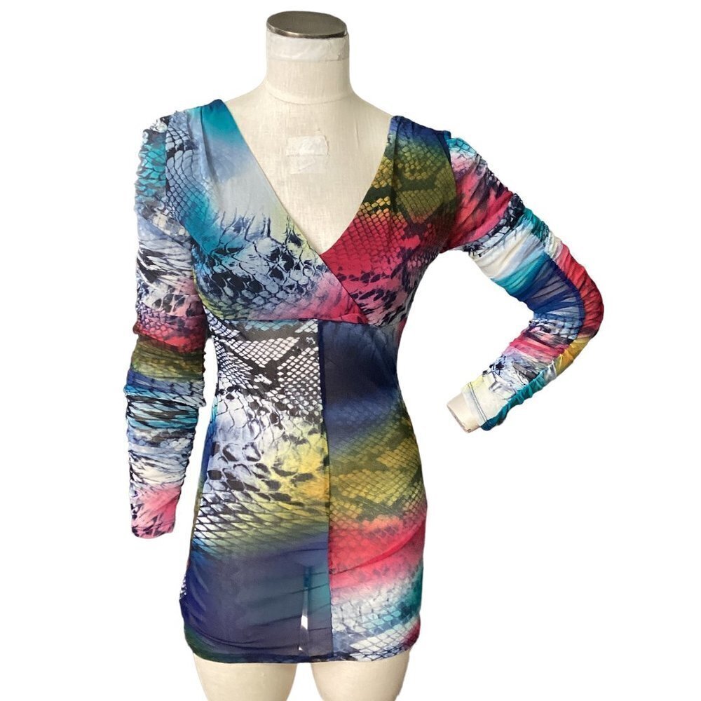 Women's Contemporary Ruched Sleeve Surplice Mini Dress Mixed Pattern S/M #186i - Picture 2 of 7